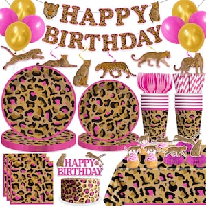 May include: A party supplies set with a leopard print theme. Includes plates, cups, napkins, cutlery, balloons, and a banner that reads "Happy Birthday". The color scheme features brown, black, pink, and gold.