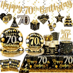 May include: A collection of gold and black 70th birthday party decorations. Includes plates, cups, a cake, a banner, and other festive items. The words "Happy 70th Birthday" are prominently displayed.