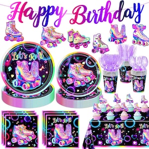 May include: A party supplies set with a roller skate theme. Includes plates, cups, napkins, a tablecloth, and a banner that reads "Happy Birthday." The plates and napkins say "Let's Roll."