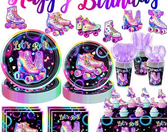 Roller Skating Birthday Tableware Set, Girls Let's roll Birthday Banner Plates, Napkins, Cups Tablecloth Disposable Dinnerware Serves 20