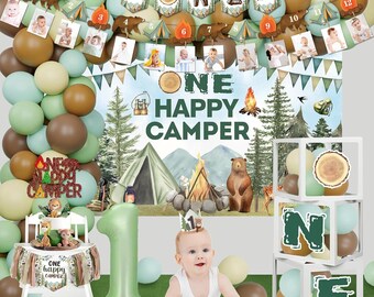 One Happy Camper First Birthday Decoration, Camping Theme 1st Birthday Backdrop Balloon Garland and Baby Boxes, Boys Camping First Birthday