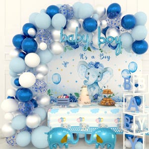 Elephant Baby Shower Decorations, Baby Box with Letters, Elephant It&#39;s a Boy Backdrop, Blue Elephant Balloon Garland