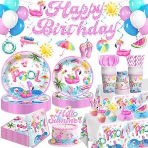 May include: A collection of party supplies with a summer pool party theme. Includes plates, cups, napkins, balloons, and a banner that says "Happy Birthday". The decorations feature flamingos, beach balls, and watermelon slices.