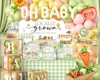 Locally Grown Baby Shower Decorations, Baby Box with Letters, Farmers Market Shower Backdrop, Balloon Garland, Tableware Serves 25