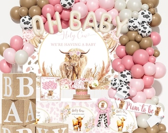 Highland Cow Baby Shower Decorations, Baby Box with Letters, Holy Cow we are having a baby Backdrop, Boho Floral Pink Balloon Garland