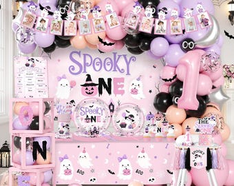 Halloween Spooky One Birthday Decorations, Baby Box with Letters, Halloween 1st Birthday Backdrop, Pink Balloon Garland, Tableware Serves 24