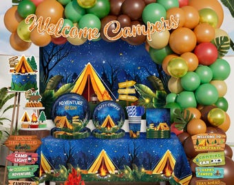 Camping Party Decorations, Camp Themed Adventure Birthday Backdrop, Balloon Garland Tableware Serves 25