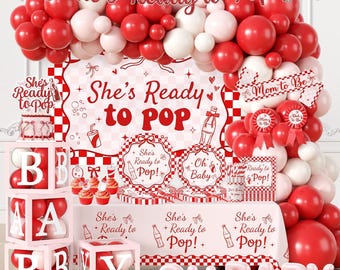She's Ready to Pop Baby Shower Decorations, Baby Box with Letters, Soda Pop Baby Shower Backdrop, Balloon Garland, Tableware Serves 20