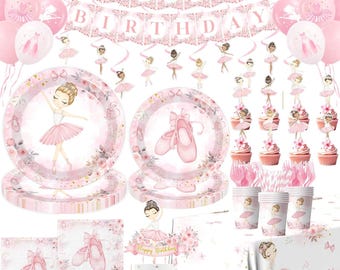Ballerina Birthday Tableware Set, Pink Ballet Tutu Dancer Birthday Banner Plates, Napkins, Cups Tablecloth Disposable Dinnerware Serves 24