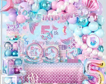 Mermaid 5th Birthday Decorations, Balloon Box with Letters, Dive Into Five Backdrop, Pink Purple Balloon Garland, Tableware Serves 25