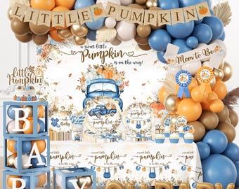 Little Pumpkin Baby Shower Decorations, Baby Box with Letters, A Little Pumpkin is On The Way Backdrop, Balloon Garland, Tableware Serves 20