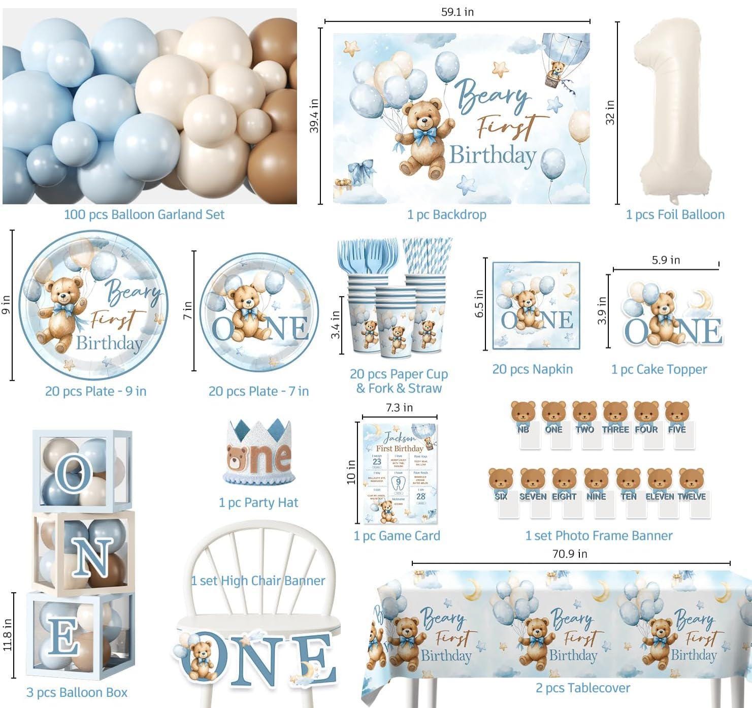 Teddy Bear 1st Birthday Decoration, Blue Beary First Birthday Backdrop ...