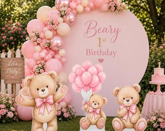 Large Pink Bear Cutouts and Balloon Garland, Teddy Bear Birthday Baby Shower Backdrop Standup Yard Signs, BearPhoto Booth Props