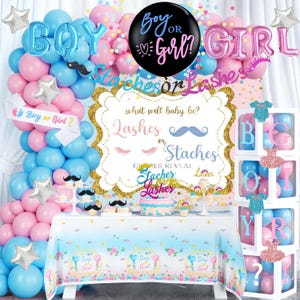 May include: A gender reveal party setup with blue and pink balloons, a banner that says "Boy or Girl?", and a table with a tablecloth. The table has a cake and cupcakes. The backdrop includes a sign that says "Lashes or Staches".