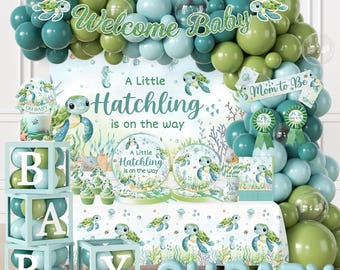Under the Sea Baby Shower Decorations, Baby Box with Letters, A Little Hatching is On The Way Backdrop, Balloon Garland, Tableware Serves 20