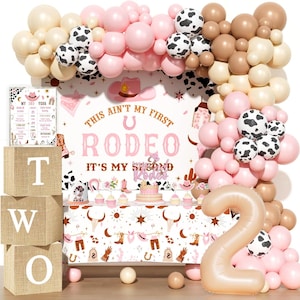 Cowgirl 2nd Birthday Decoration, This Ain&#39;t My First Rodeo Backdrop Balloon Garland and Baby Boxes, Girls Cowgirl Second Rodeo Birthday Pink