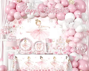 Ballerina Birthday Decorations, Girls Pink Ballet Tutu Dancer Birthday Backdrop, Balloon Garland Banner Cake topper Tableware Serves 25
