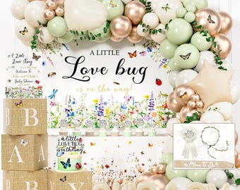 A Little Love Bug Baby Shower Decorations, Baby Box with Letters, Insect Love Bug  Wildflower Backdrop, Balloon Garland, Garden Baby Shower