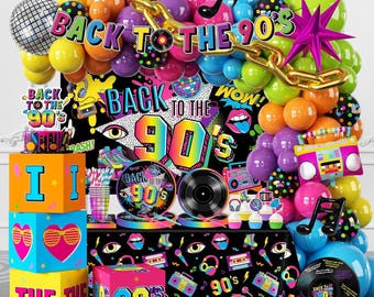 90s Party Decorations, Balloon Box with Letters, Back To The 90s Backdrop, Colorful Disco Balloon Garland, Tableware Serves 20