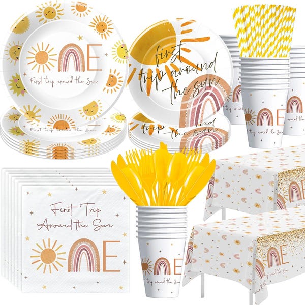 First Trip Around The Sun Tableware, Boho Sunshine 1st Birthday Banner, Plates ,Napkins, Cups, Tablecloth Disposable Dinnerware Serves 24