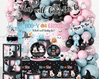 Halloween Gender Reveal Decorations, Baby Box with Letters, Booy or Ghoul Backdrop Balloon Garland Tableware Serves 20