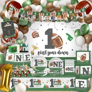 Football 1st Birthday Decorations, Baby Box with Letters, First Year Down Backdrop, Balloon Garland, Photo Banner, Tableware Serves 20