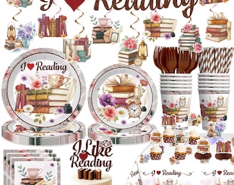 Book Themed Party Tableware Set, I Like Reading Banner Plates, Napkins, Cups Tablecloth Disposable Dinnerware Serves 25, Book Club Theme