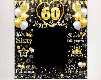 60th Birthday Banner Backdrop Decorations for Women Black and Gold Happy 60 Year Old Birthday Decor Photo Booth Props 60th Party Supplies