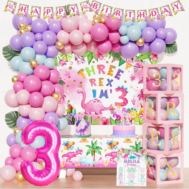 Three Rex Birthday Decoration, Pink Dinosaur 3rd Birthday Backdrop ...