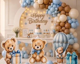 Teddy Bear Cardboard Cutouts and Balloon Garland, Bear Birthday Baby Shower Backdrop Standup Yard Signs, Blue Teddy Bear Party Standees