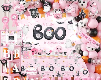 Halloween Baby Shower Decorations Girl, Baby Box with Letters, A Little Boo Is Almost Due Backdrop, Pink Balloon Garland, Cake Topper