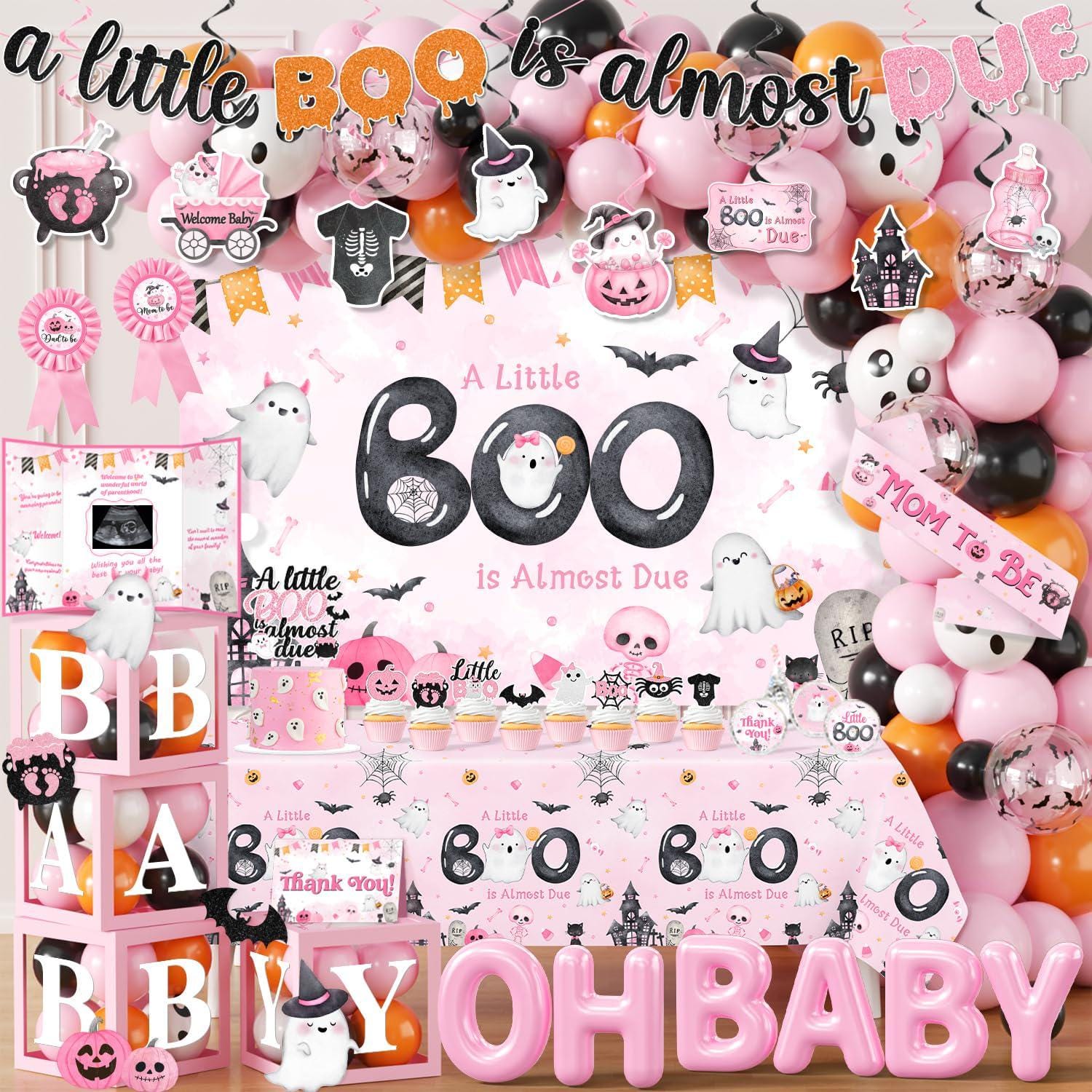 Halloween Baby Shower Banner – „A Little Boo Is Almost Due“, Rosa Mit Fledermäusen