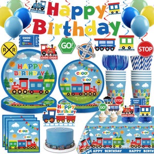 May include: A train-themed birthday party set with plates, cups, napkins, and a tablecloth. The set includes a blue cake, balloons, and decorations with the words "Happy Birthday" and "Choo Choo".