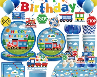 Train Birthday Tableware, Chugga Chugga Choo Choo Birthday Banner Plates, Napkins, Cups, Tablecloth Disposable Dinnerware Serves 25