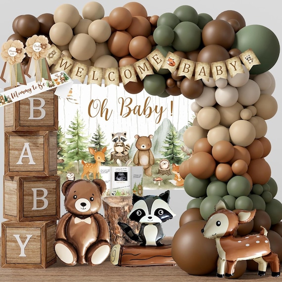 Woodland Animals Baby Shower Decorations, Baby Box with Letters, Forest Animal Neutral Gender Oh Baby Backdrop, Animal Balloon Garland