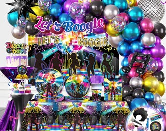 Disco Party Decorations, Box with Letters, Let's Boogie Backdrop, Metallic Balloon Garland Tableware Serves 25 For 70s party