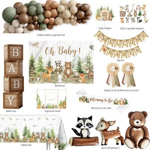 K&ouml;nnte beinhalten: Eine Sammlung von Babyparty-Dekorationen mit Waldthema. Enth&auml;lt eine Ballongirlande, Torten- und Cupcake-Aufs&auml;tze, ein Banner, eine Kulisse, eine Tischdecke und Folienballons. Die Farbpalette umfasst Gr&uuml;n-, Braun- und Cremet&ouml;ne.
