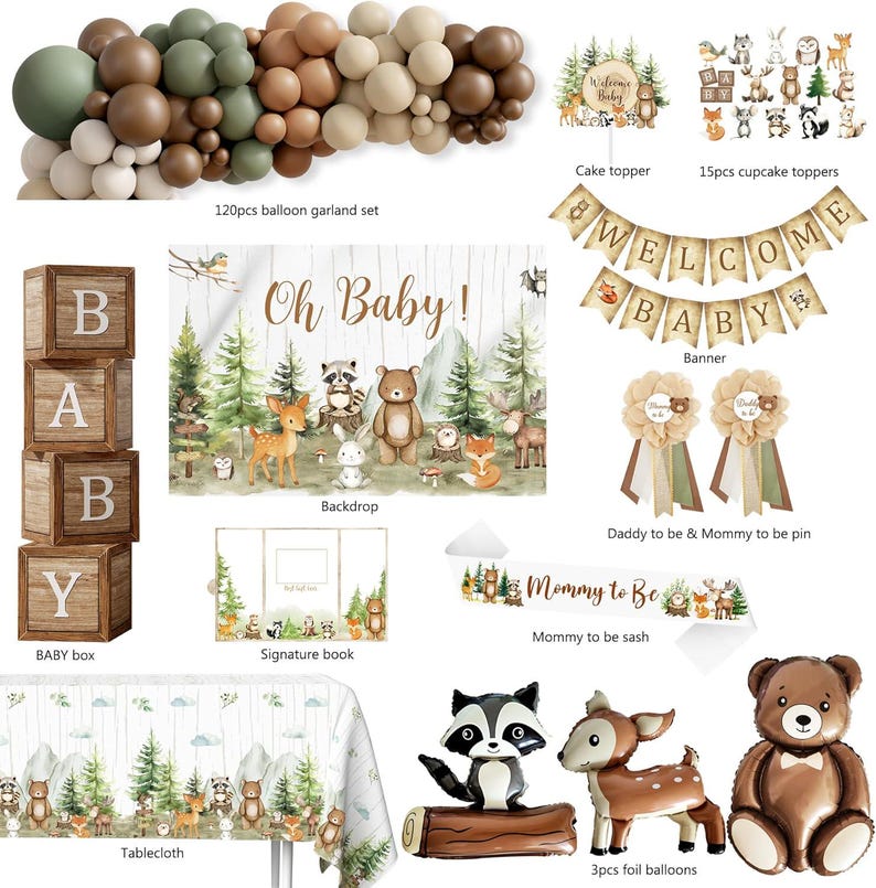 K&ouml;nnte beinhalten: Eine Sammlung von Babyparty-Dekorationen mit Waldthema. Enth&auml;lt eine Ballongirlande, Torten- und Cupcake-Aufs&auml;tze, ein Banner, eine Kulisse, eine Tischdecke und Folienballons. Die Farbpalette umfasst Gr&uuml;n-, Braun- und Cremet&ouml;ne.