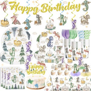 May include: A collection of dragon-themed party supplies, including plates, cups, napkins, and a cake topper. The set features illustrations of dragons, castles, and the text "Happy Birthday". The color palette includes pastel shades of blue, green, purple, and yellow.