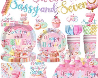 Sweet 7 Birthday Tableware Set, Sweet Sassy and 7 Birthday Banner Plates, Napkins, Cups Tablecloth Disposable Dinnerware Serves 25