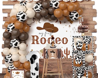 My First Rodeo Birthday Decoration, Western Cowboy 1st Birthday Backdrop Balloon Garland and Baby Boxes, Boys Cowboy First Rodeo Birthday