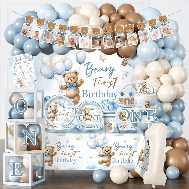 Teddy Bear 1st Birthday Decoration, Blue Beary First Birthday Backdrop ...