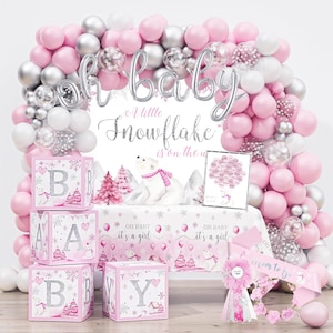 Little Snowflake Baby shower Decorations Girl, A Little Snowflake is On the Way Backdrop, Pink Silver Balloon Garland Balloon Boxes