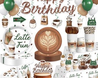 Coffee Birthday Tableware Set, Latte Fun Banner Plates, Napkins, Cups Tablecloth Disposable Dinnerware Serves 25