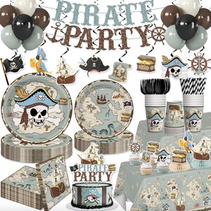 May include: A pirate-themed party supply set featuring a banner with the text PIRATE PARTY, balloons, plates, napkins, cups, and cake toppers. The items display illustrations of skulls, treasure maps, ships, parrots, and chests in blue and brown.