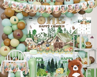 One Happy Camper Birthday Decoration, Camping 1st Birthday Backdrop Balloon Garland and Baby Boxes, Boys Happy Camper First Birthday Decor