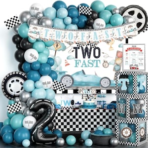 Two Fast Birthday Decorations, Racing Car Themed 2nd Birthday Backdrop Black and Blue Balloon Garland Balloon Boxes Tablecloth Cake Topper