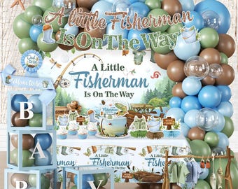 Fishing Baby Shower Decorations, Baby Box with Letters, A Little Fisherman is On The Way Backdrop, Gone Fishing Balloon Garland