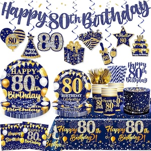 80th Birthday Tableware Set, Blue and gold 80th Birthday Banner Plates, Napkins, Cups Tablecloth Disposable Dinnerware Serves 25
