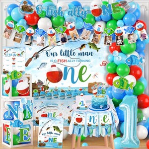 Ofishally One Birthday Decoration, Gone Fishing 1st Birthday Backdrop Balloon Garland and Baby Boxes, Ofishally One Photo Banner